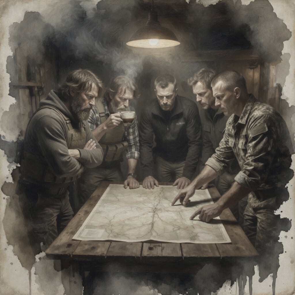 A group of soldiers looking at a map