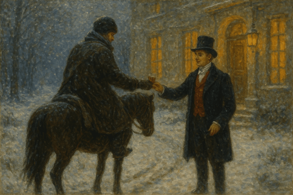 A man on horseback receives a parting glass before departing — a final toast before the road ahead